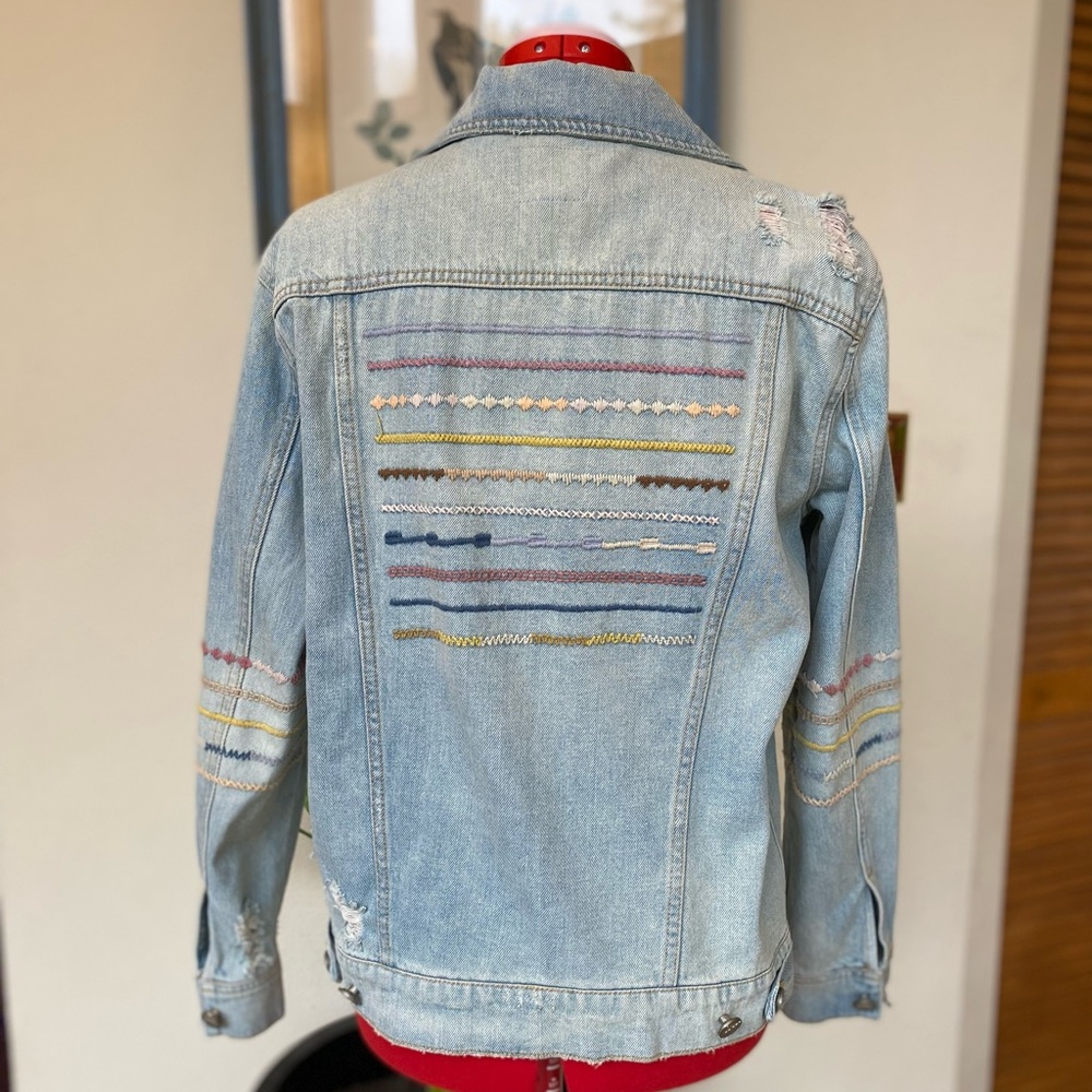 Distressed and Embroidered Jean Jacket